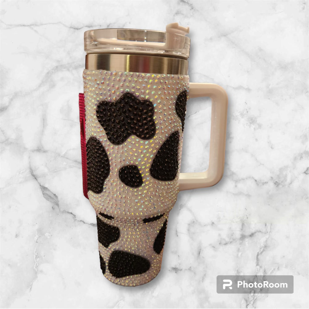 40oz Black and White Rhinestone Cow Tumbler