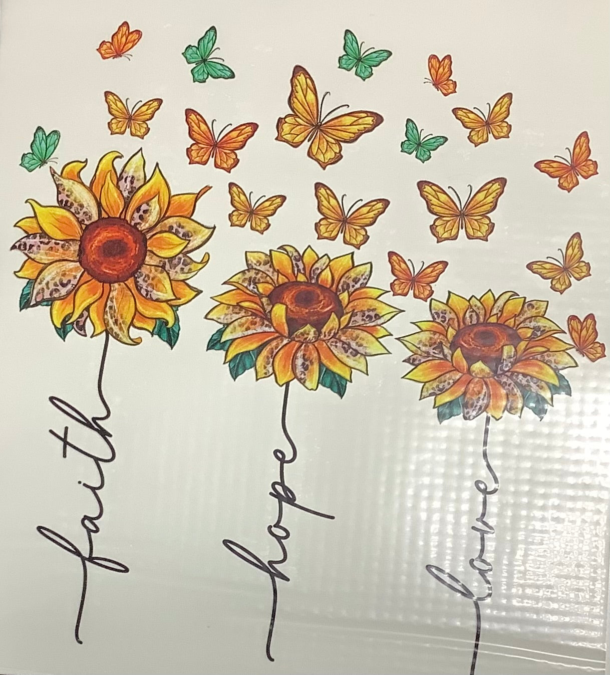 Colored Screen Print: Faith - Hope - Love Stem of Flowers & Butterflies