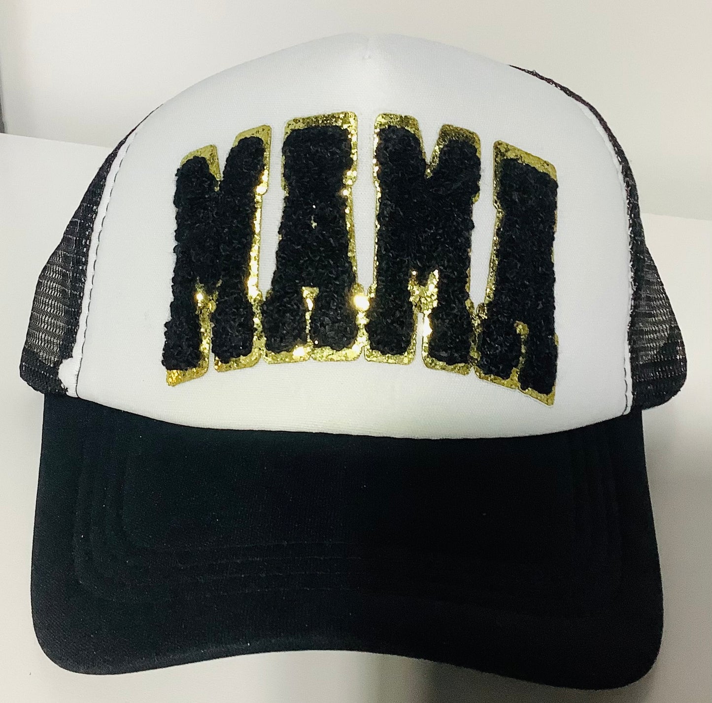 TH-2: Black Foam Trucker Hat with Mama Chenille Patch Mesh Back Snap Back