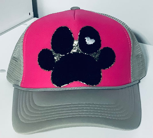 TH-1: Pink Foam Trucker Hat with Black Chenille Paw Heart Snap Back