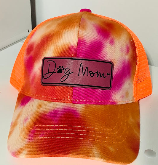 TD-4: Tie Dye Orange PonyTail Hat with “Dog Mom” Leatherette Patch