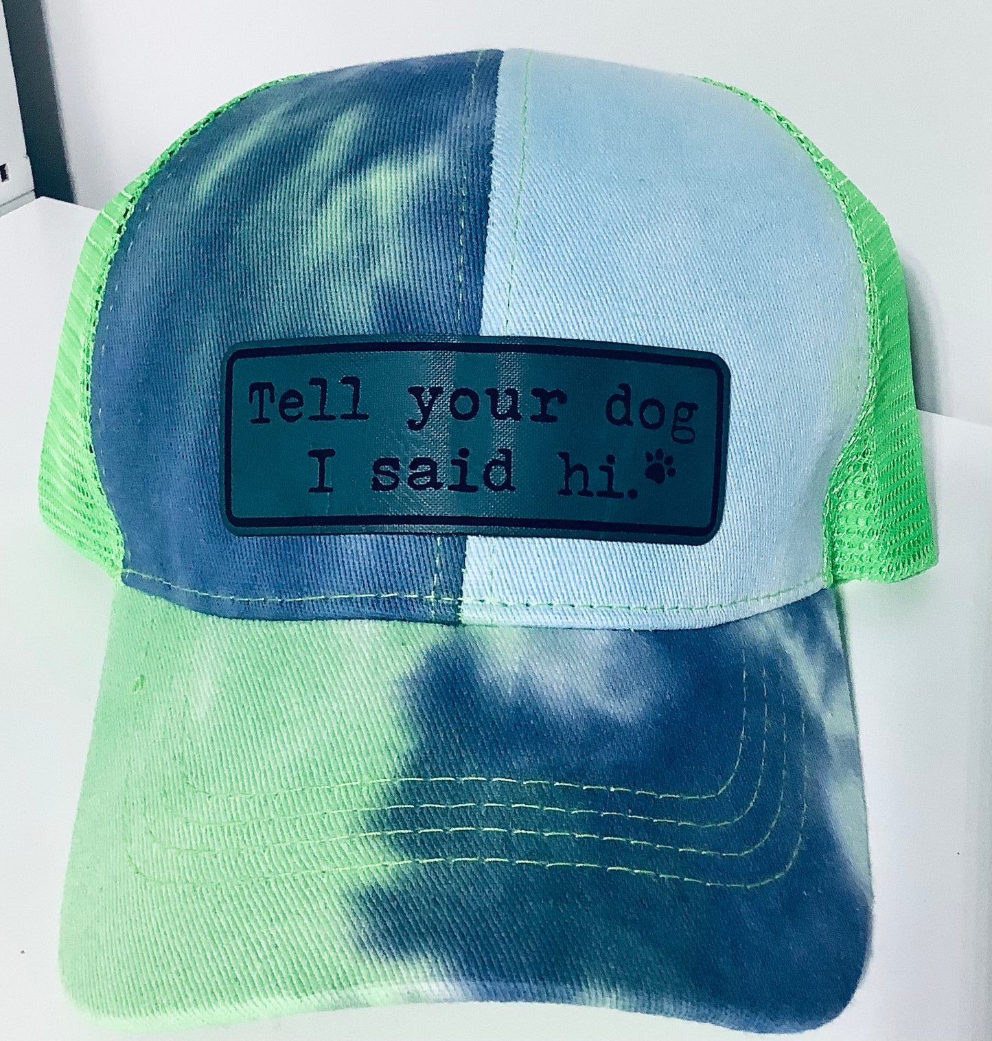 TD-2: Tie Dye Blue PonyTail Hat with “Tell Your Dog I Said Hi” Leatherette Patch